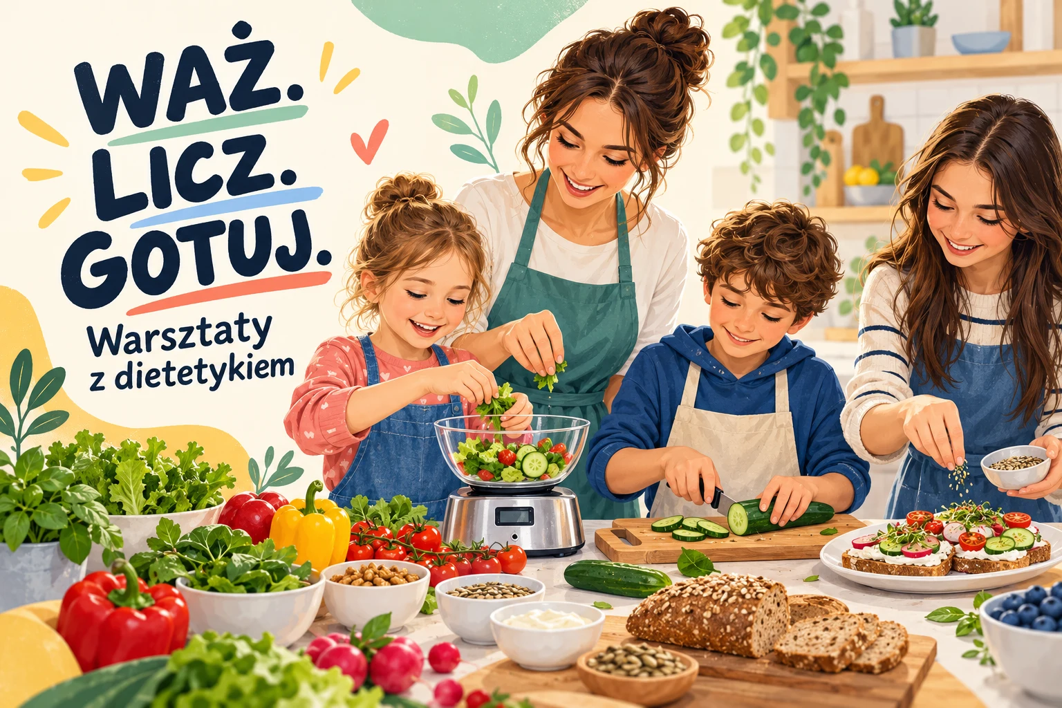Ilustracja dzieci i młodzieży przygotowujących przekąski z dietetyczką. Napis: Waż. Licz. Gotuj. Warsztaty z dietetykiem.
